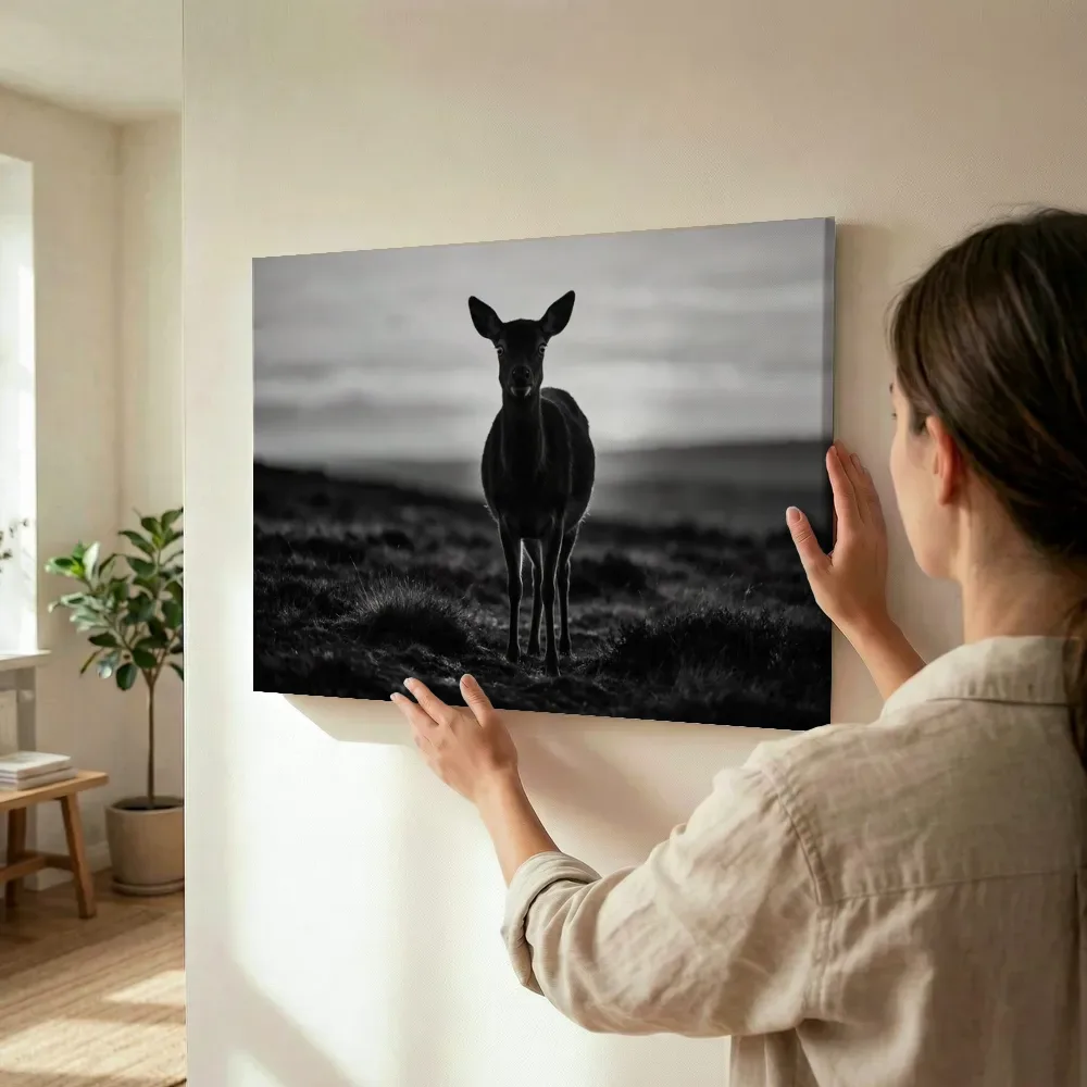 Sfeerimpressie: Hert recht in de lens, een silhouet tegen een vurige zonsondergang terwijl het wordt opgehangen
