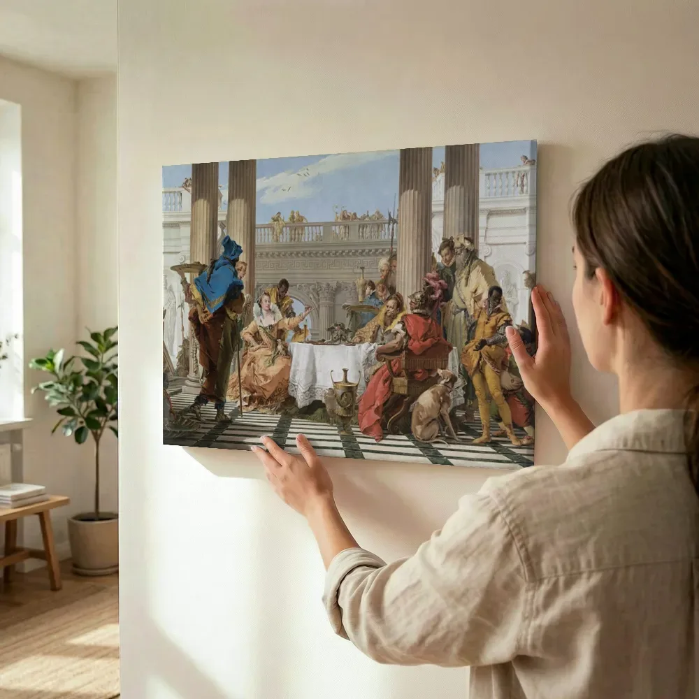 Sfeerimpressie: Het banket van Cleopatra van Giovanni Battista Tiepolo terwijl het wordt opgehangen