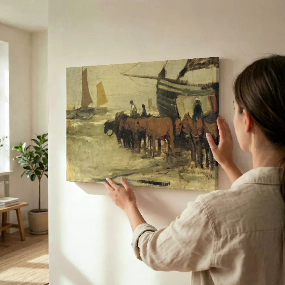 Sfeerimpressie: Het in zee brengen van een visserspink van Anton Mauve terwijl het wordt opgehangen