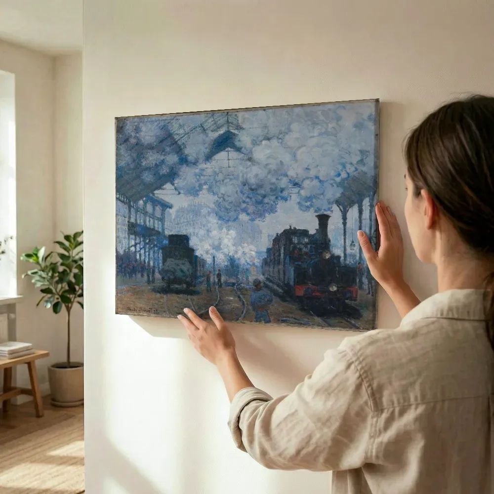 Sfeerimpressie: Het station Saint Lazare van Claude Monet terwijl het wordt opgehangen