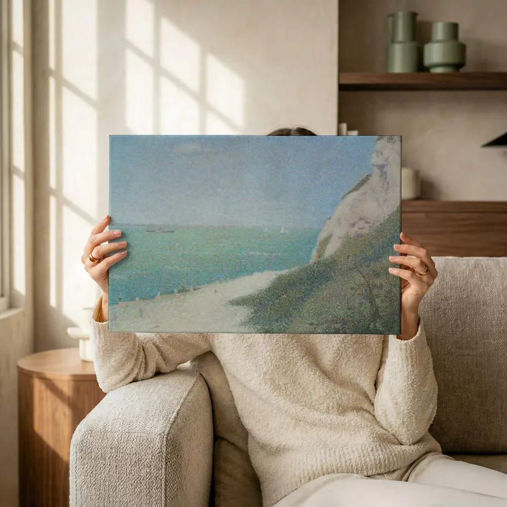 Sfeerimpressie: Het strand Bas-Butin, Honfleur van Georges Seurat terwijl het omhoog wordt gehouden