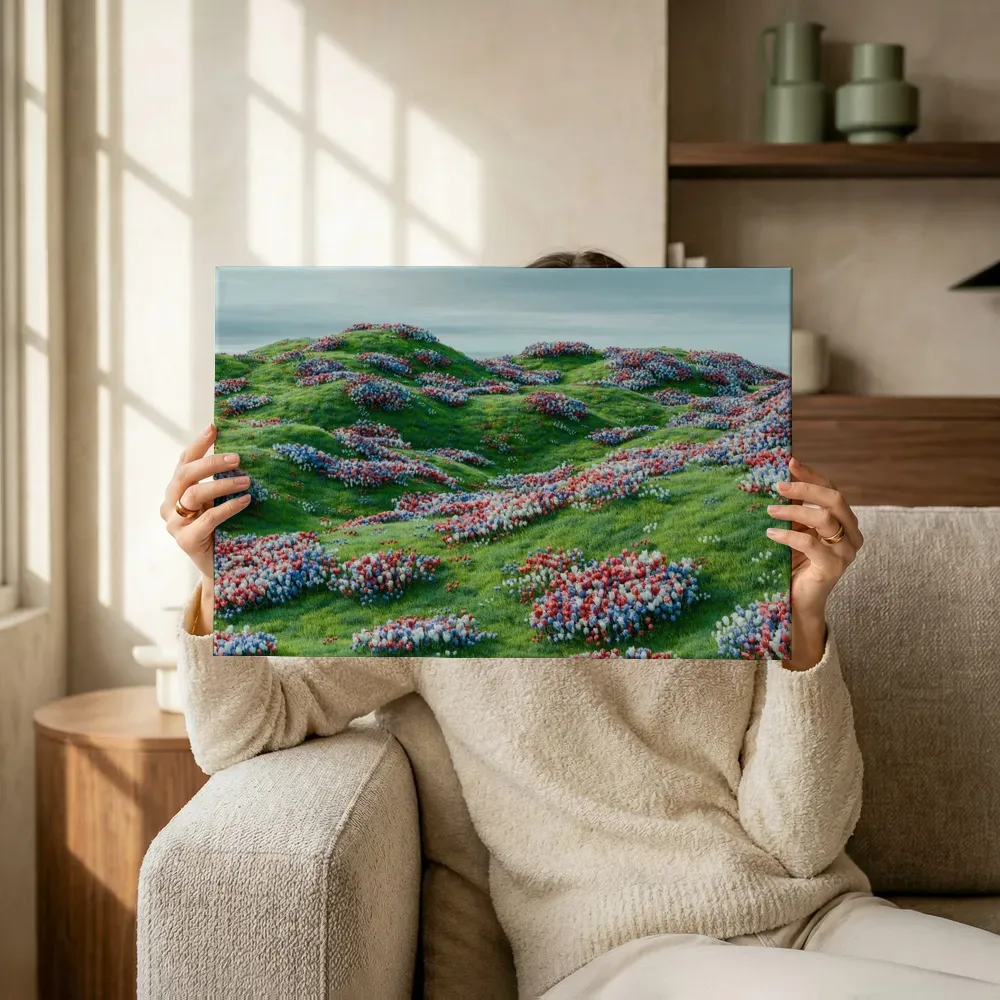 Sfeerimpressie: Heuvels vol kleurrijke bloemclusters terwijl het omhoog wordt gehouden