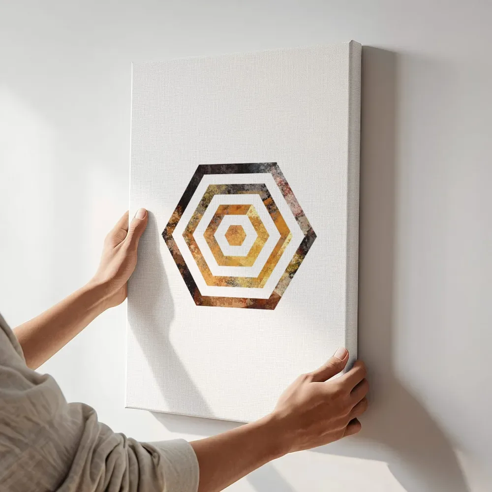 Sfeerimpressie: Hexagon concentrisch patroon in roest en koper terwijl het aan de muur wordt gehangen
