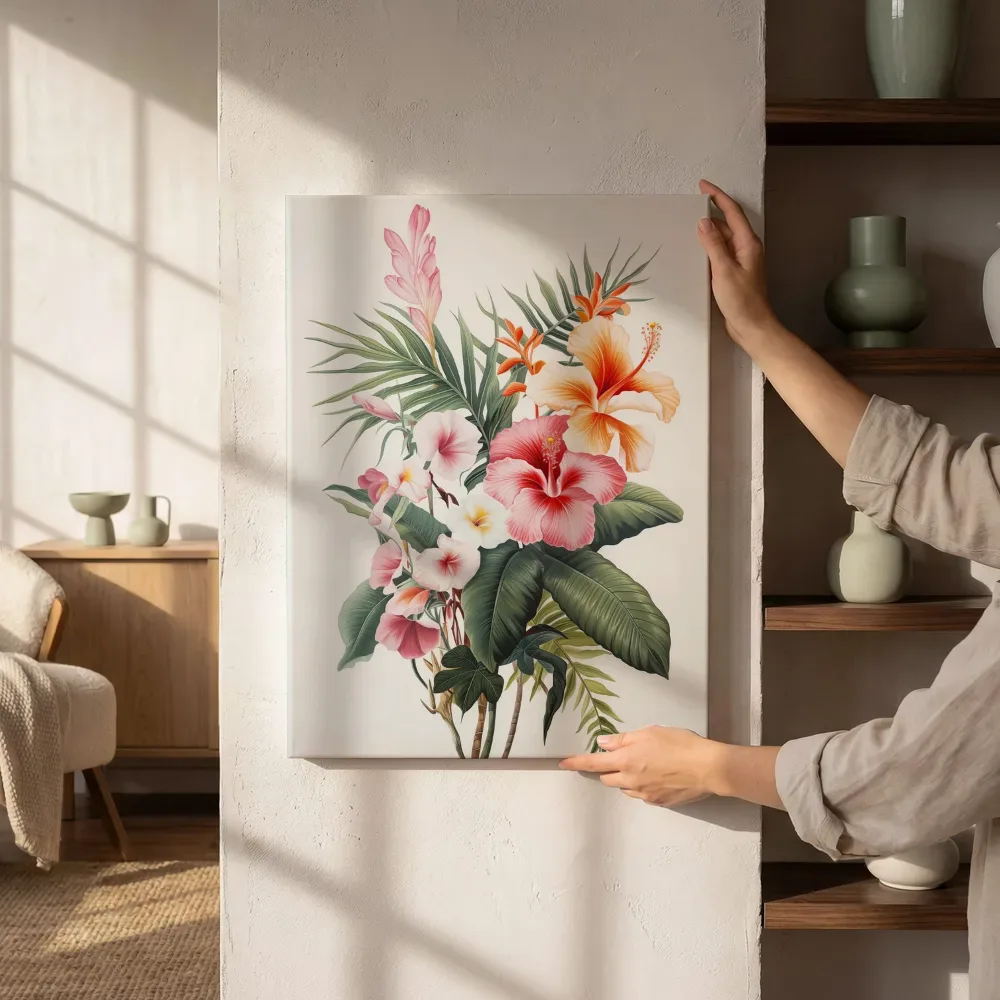 Sfeerimpressie: Hibiscus en frangipani boeket naast de kast