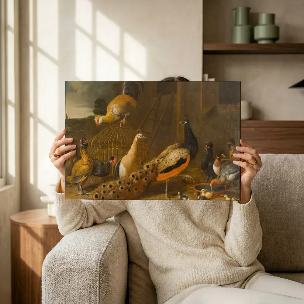 Sfeerimpressie: Hoenderhof van Melchior d'Hondecoeter terwijl het omhoog wordt gehouden