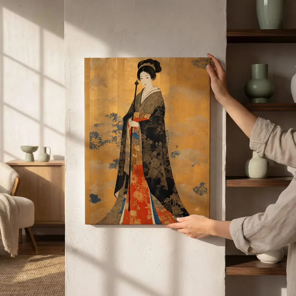 Sfeerimpressie: Hofdame in zwarte kimono op goud naast de kast