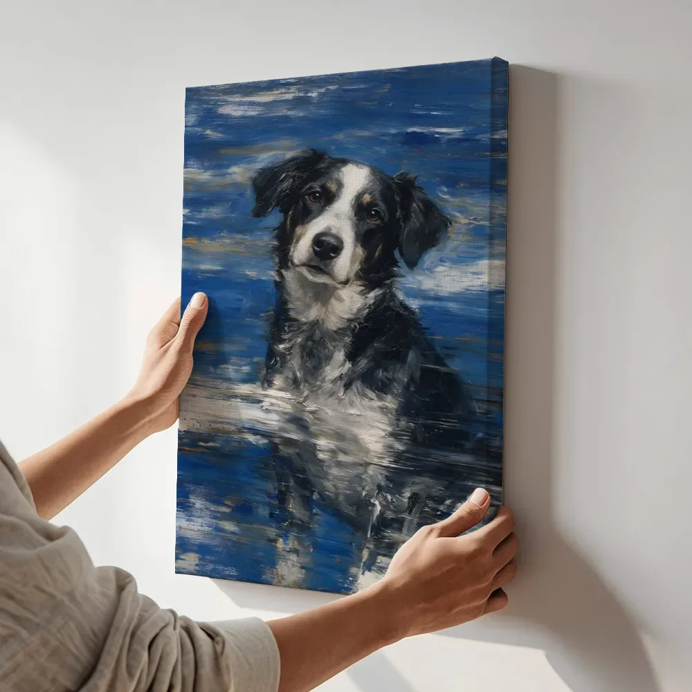 Sfeerimpressie: Hond uitgeveegd in delftsblauw terwijl het aan de muur wordt gehangen