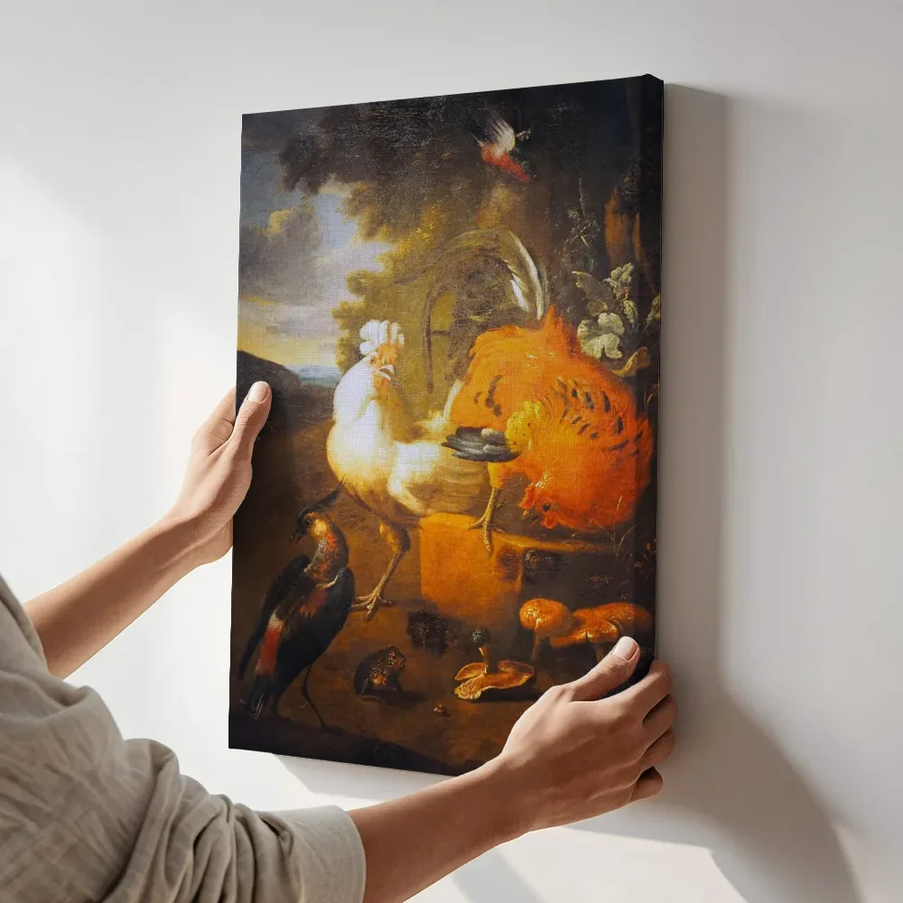 Sfeerimpressie: Hondecoeter Poultry van Melchior d'Hondecoeter terwijl het aan de muur wordt gehangen