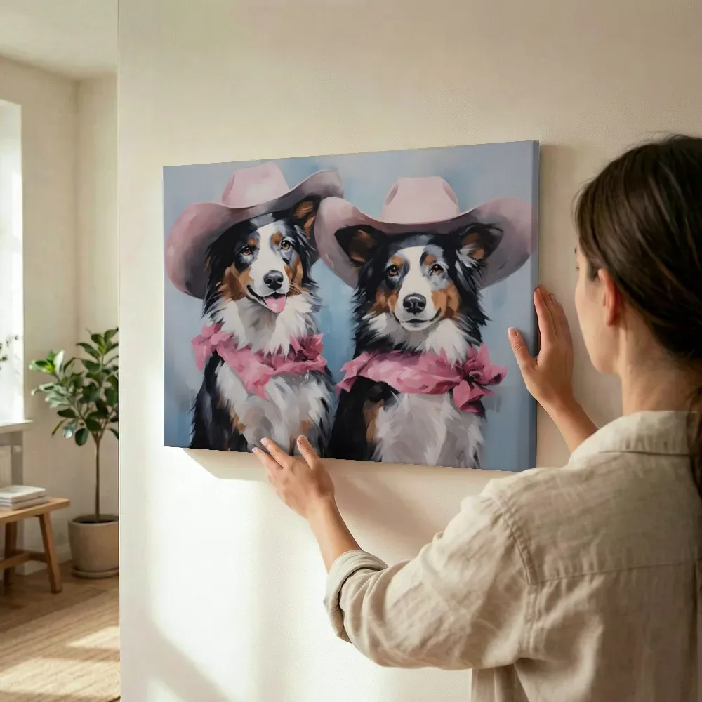 Sfeerimpressie: Honden met roze cowboyhoeden terwijl het wordt opgehangen