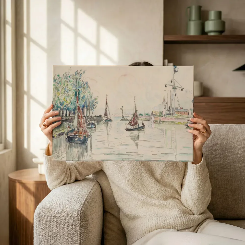 Sfeerimpressie: Honfleur, 1930, lot van Paul Signac terwijl het omhoog wordt gehouden