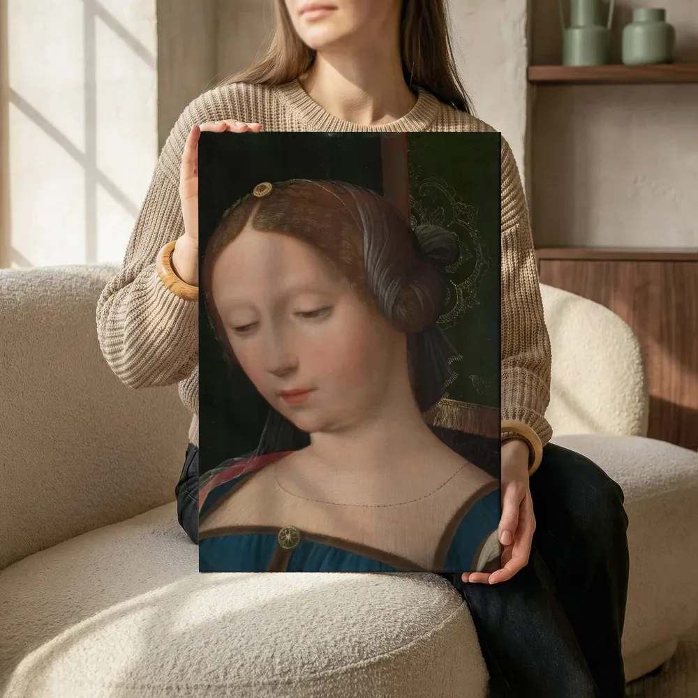 Sfeerimpressie: Hoofd van een vrouw, mogelijk de H. Maria Magdalena, Atelier van Meester van de Vrouwelijke Halffiguren terwijl het zittend wordt getoond