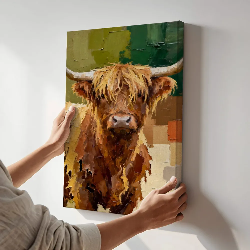 Sfeerimpressie: Hooglander in aardetinten met oranje terwijl het aan de muur wordt gehangen