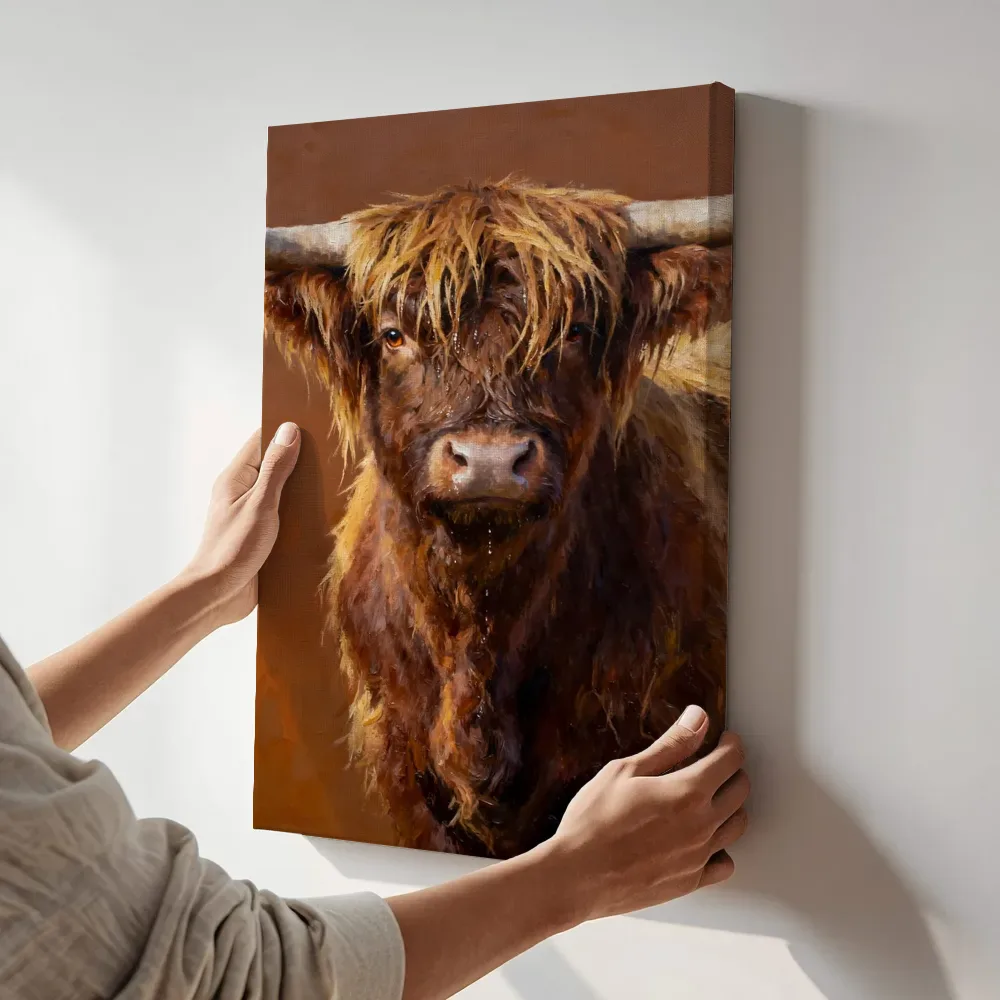 Sfeerimpressie: Hooglander in aardetinten terwijl het aan de muur wordt gehangen
