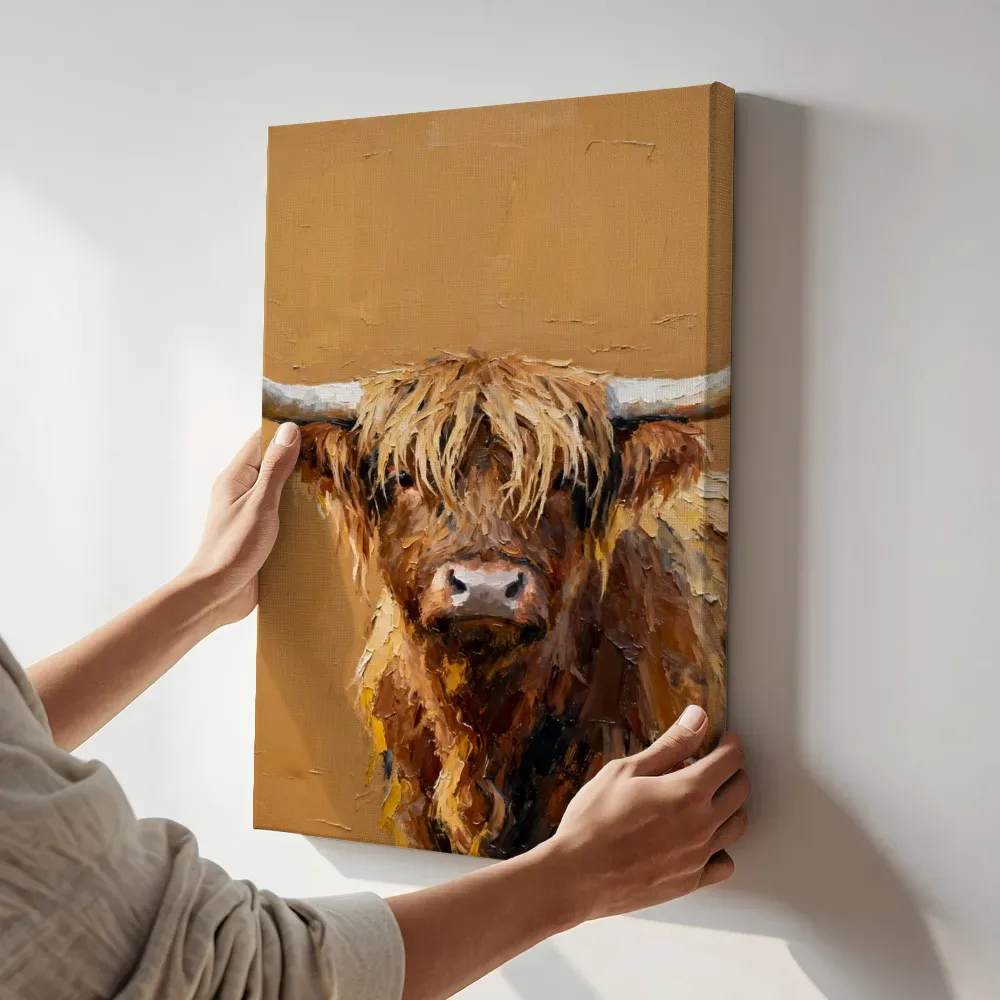 Sfeerimpressie: Hooglander in bruinoranje op oker terwijl het aan de muur wordt gehangen