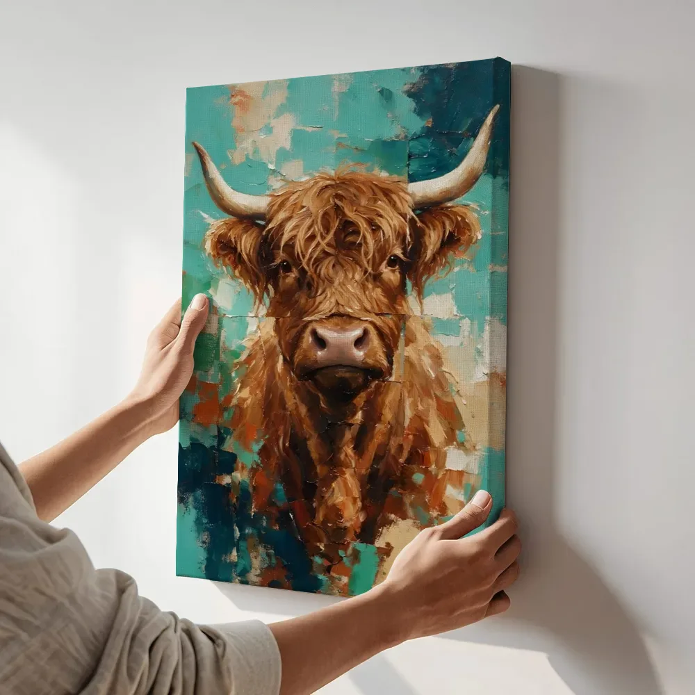 Sfeerimpressie: Hooglander in fragmenten, turquoise terwijl het aan de muur wordt gehangen