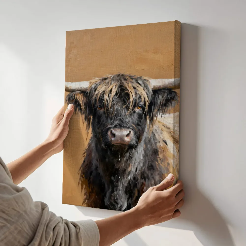 Sfeerimpressie: Hooglander in houtskool terwijl het aan de muur wordt gehangen