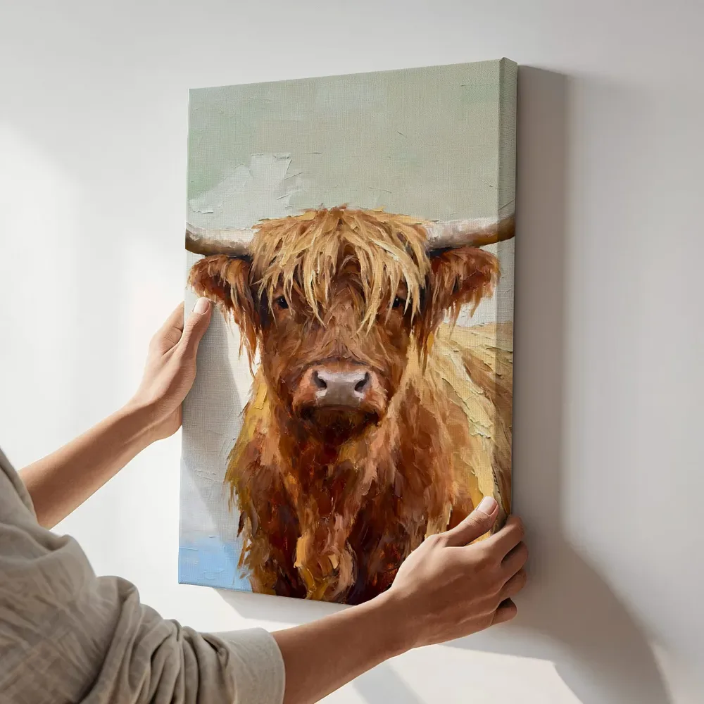 Sfeerimpressie: Hooglander in mist gehuld met vuurrood terwijl het aan de muur wordt gehangen