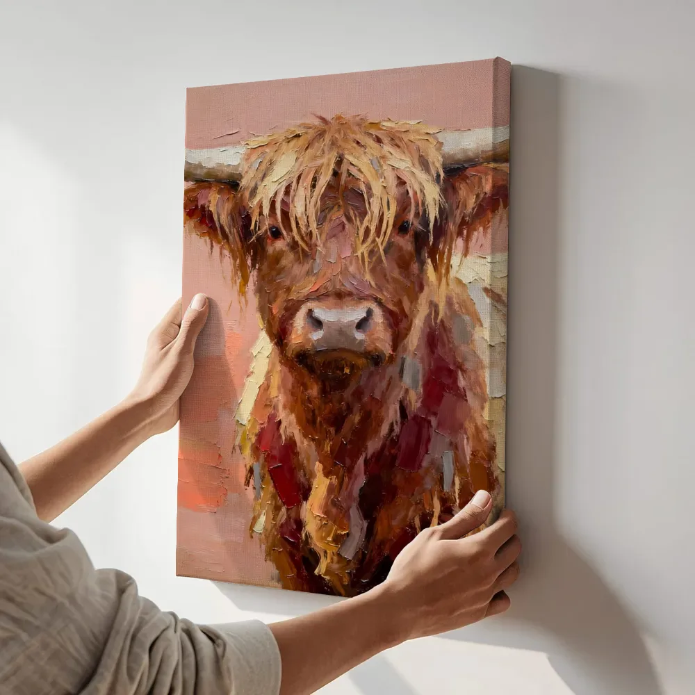Sfeerimpressie: Hooglander in roze terwijl het aan de muur wordt gehangen