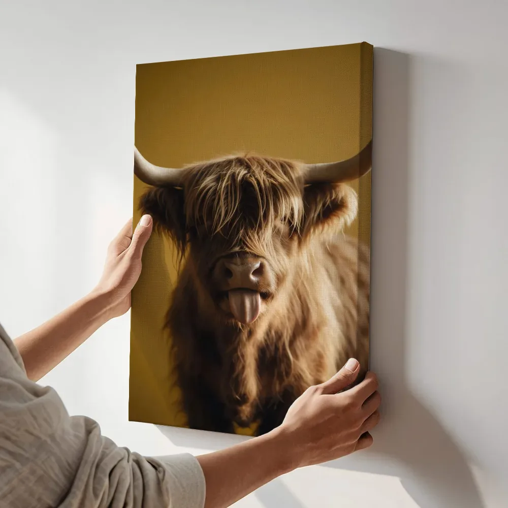 Sfeerimpressie: Hooglander met de tong uit in mosterd terwijl het aan de muur wordt gehangen