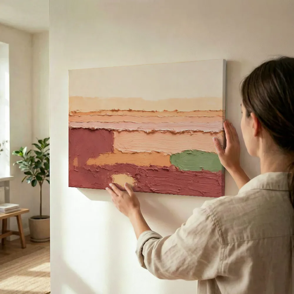 Sfeerimpressie: Horizon paletmes, perzik en abrikoos in terracotta terwijl het wordt opgehangen
