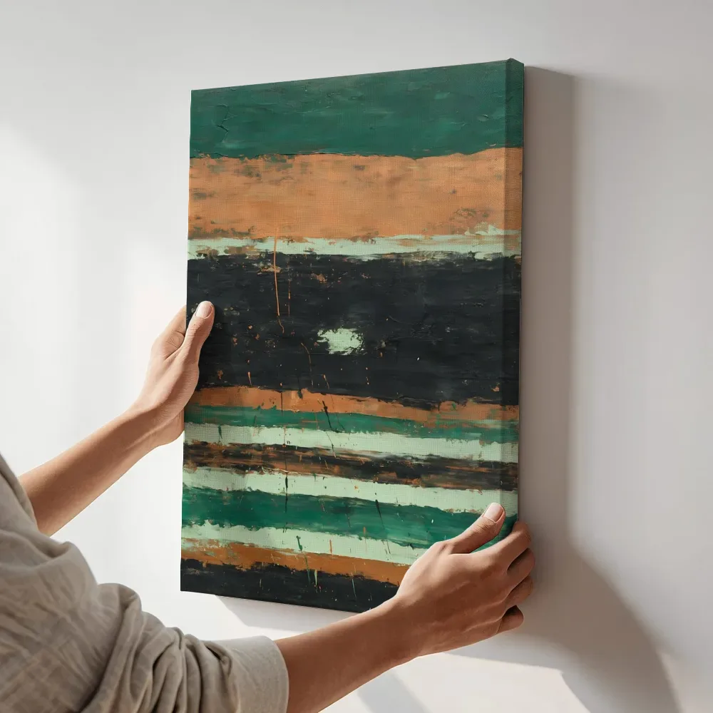 Sfeerimpressie: Horizontale Lagen Kwastslag in Koper en Patina terwijl het aan de muur wordt gehangen