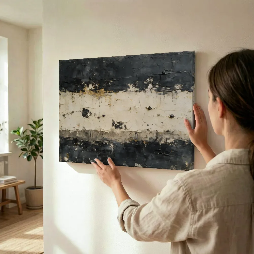 Sfeerimpressie: Horizontale Lagen Meswerk in Grafiet en Goud terwijl het wordt opgehangen