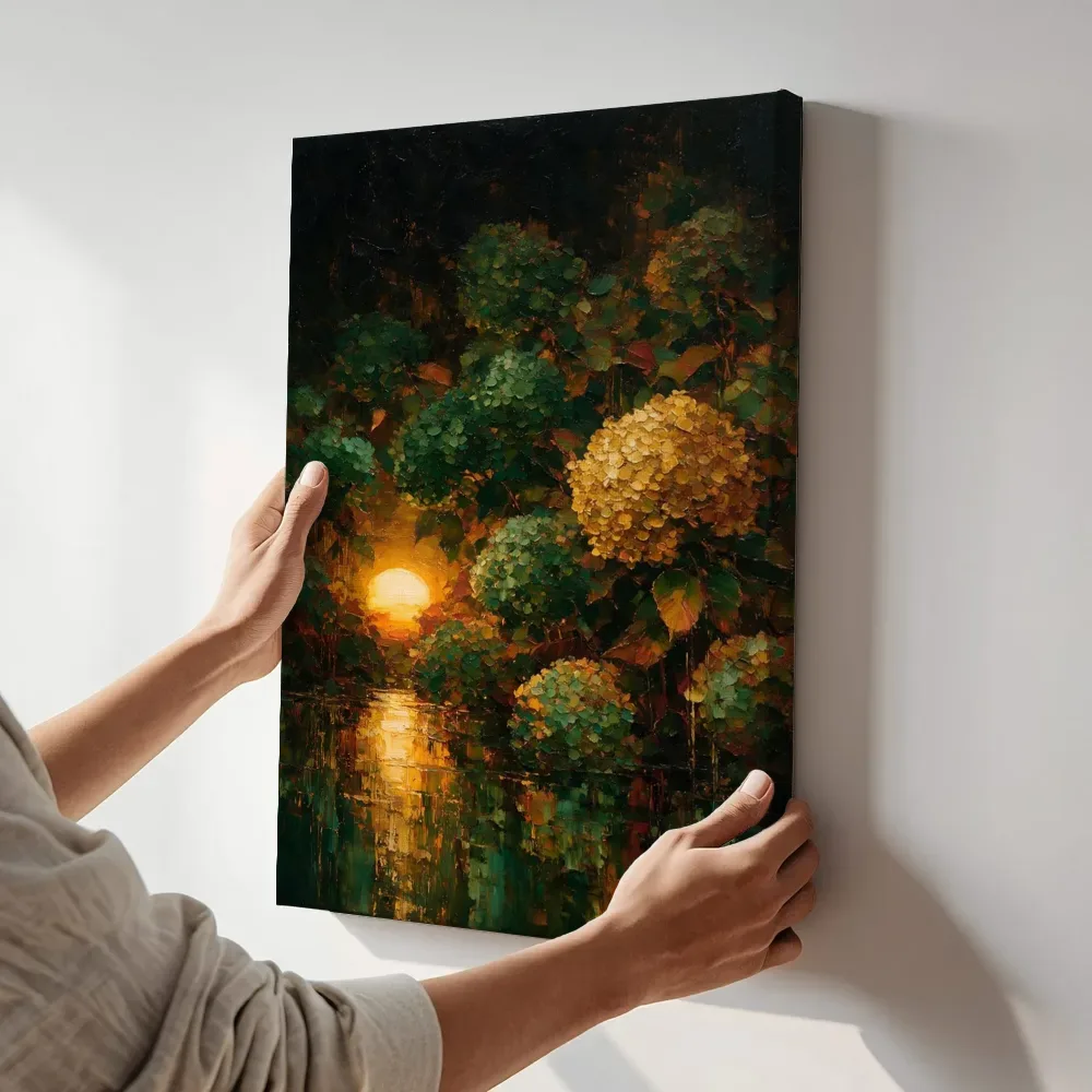Sfeerimpressie: Hortensia aan de oever in bosgroen terwijl het aan de muur wordt gehangen