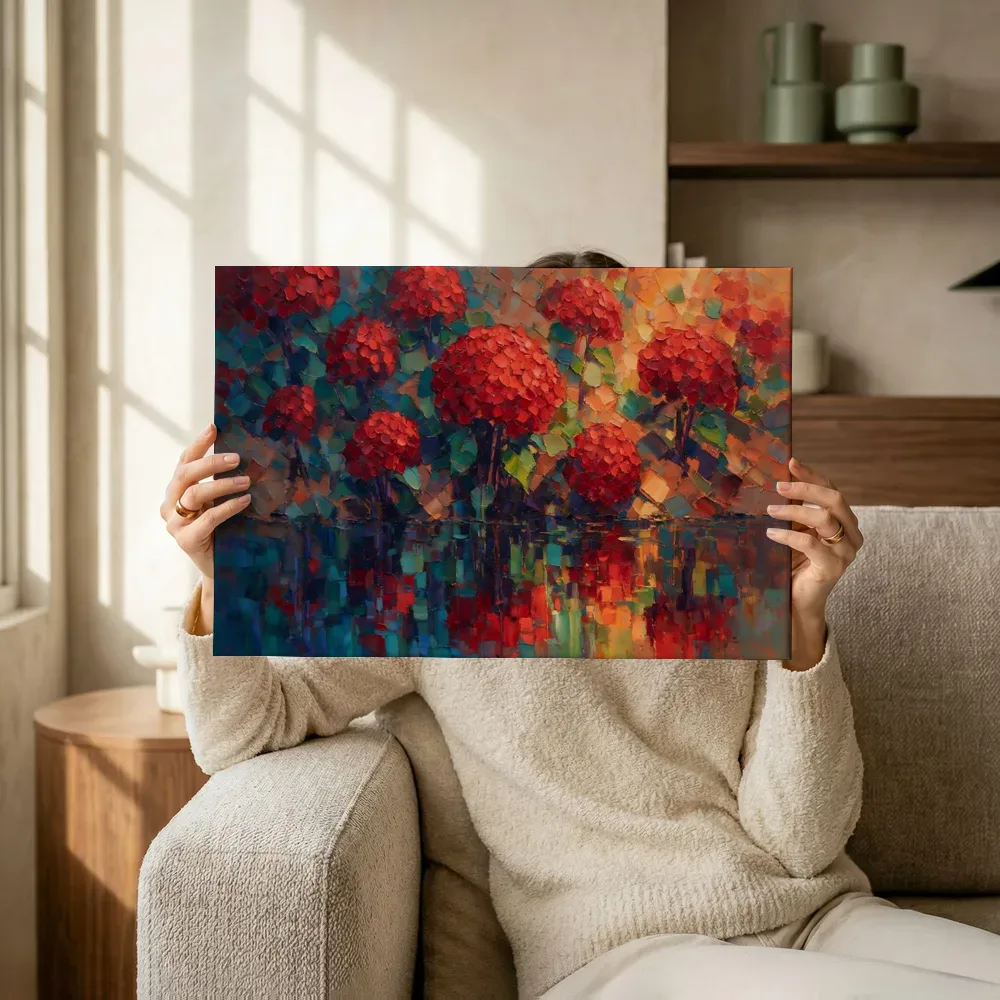 Sfeerimpressie: Hortensia aan de oever in karmozijn terwijl het omhoog wordt gehouden