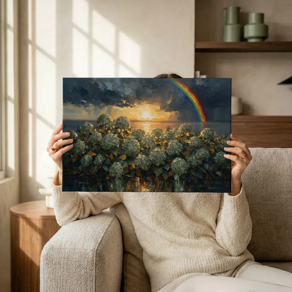 Sfeerimpressie: Hortensia aan de oever in saliegrijs terwijl het omhoog wordt gehouden