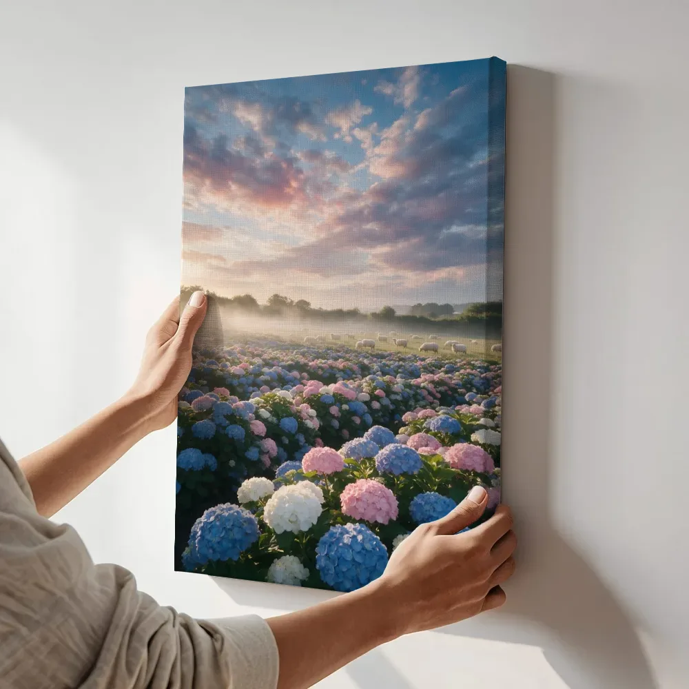 Sfeerimpressie: Hortensia bij de ochtendmist 2 terwijl het aan de muur wordt gehangen