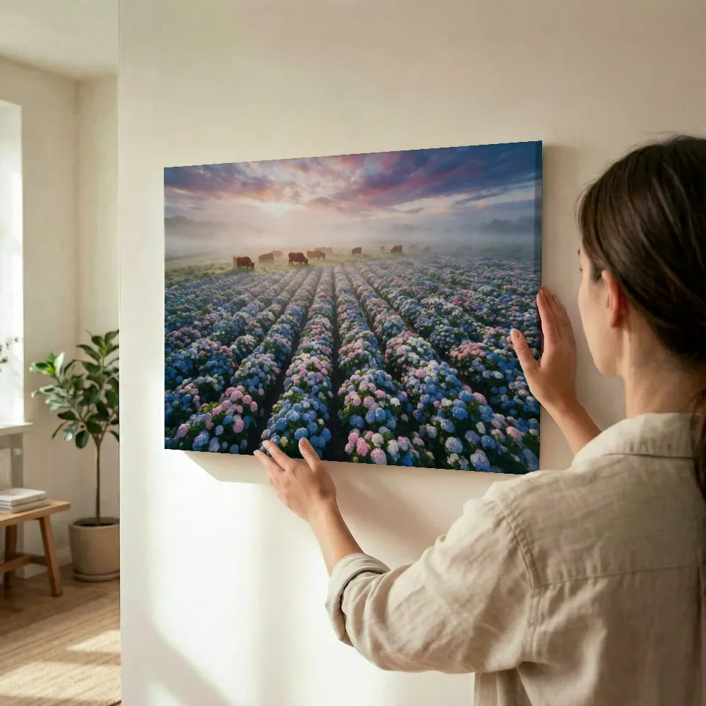 Sfeerimpressie: Hortensia bij de ochtendmist 3 terwijl het wordt opgehangen