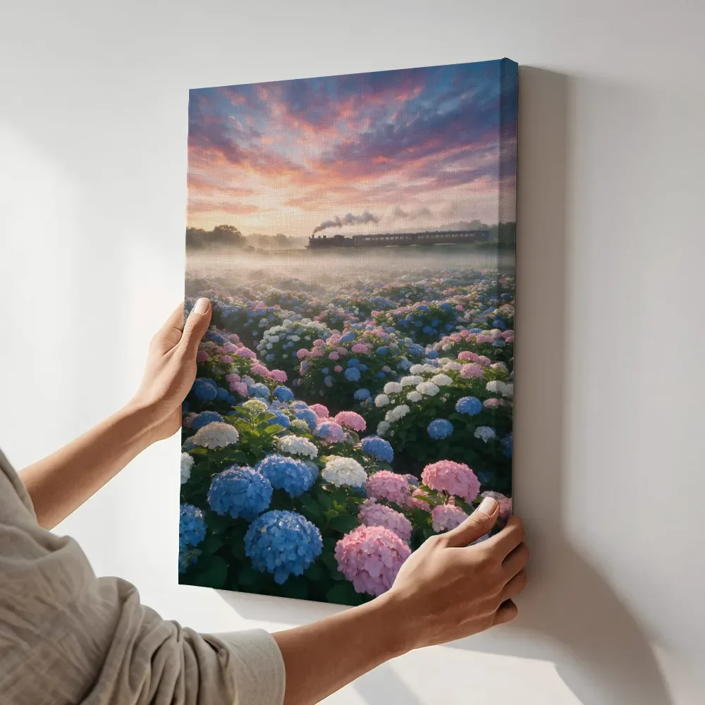 Sfeerimpressie: Hortensia bij de ochtendmist 5 terwijl het aan de muur wordt gehangen