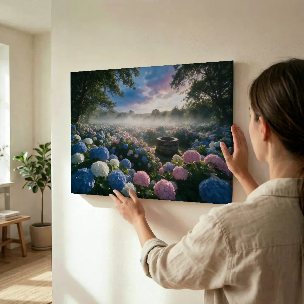 Sfeerimpressie: Hortensia bij de ochtendmist 7 terwijl het wordt opgehangen