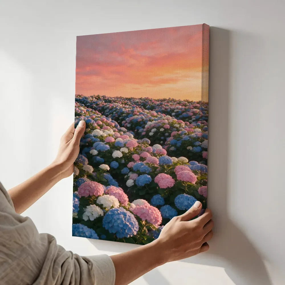 Sfeerimpressie: Hortensia bij de zonsondergang 3 terwijl het aan de muur wordt gehangen