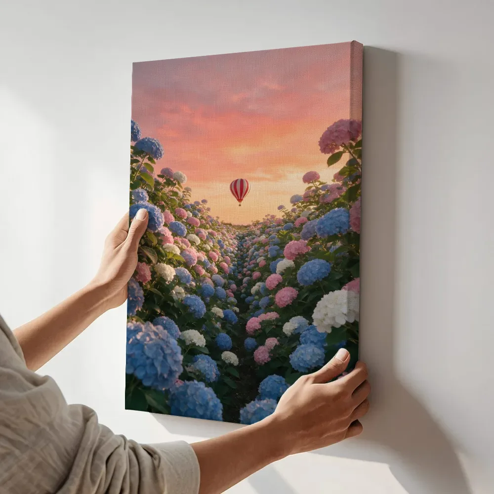 Sfeerimpressie: Hortensia bij de zonsondergang 6 terwijl het aan de muur wordt gehangen