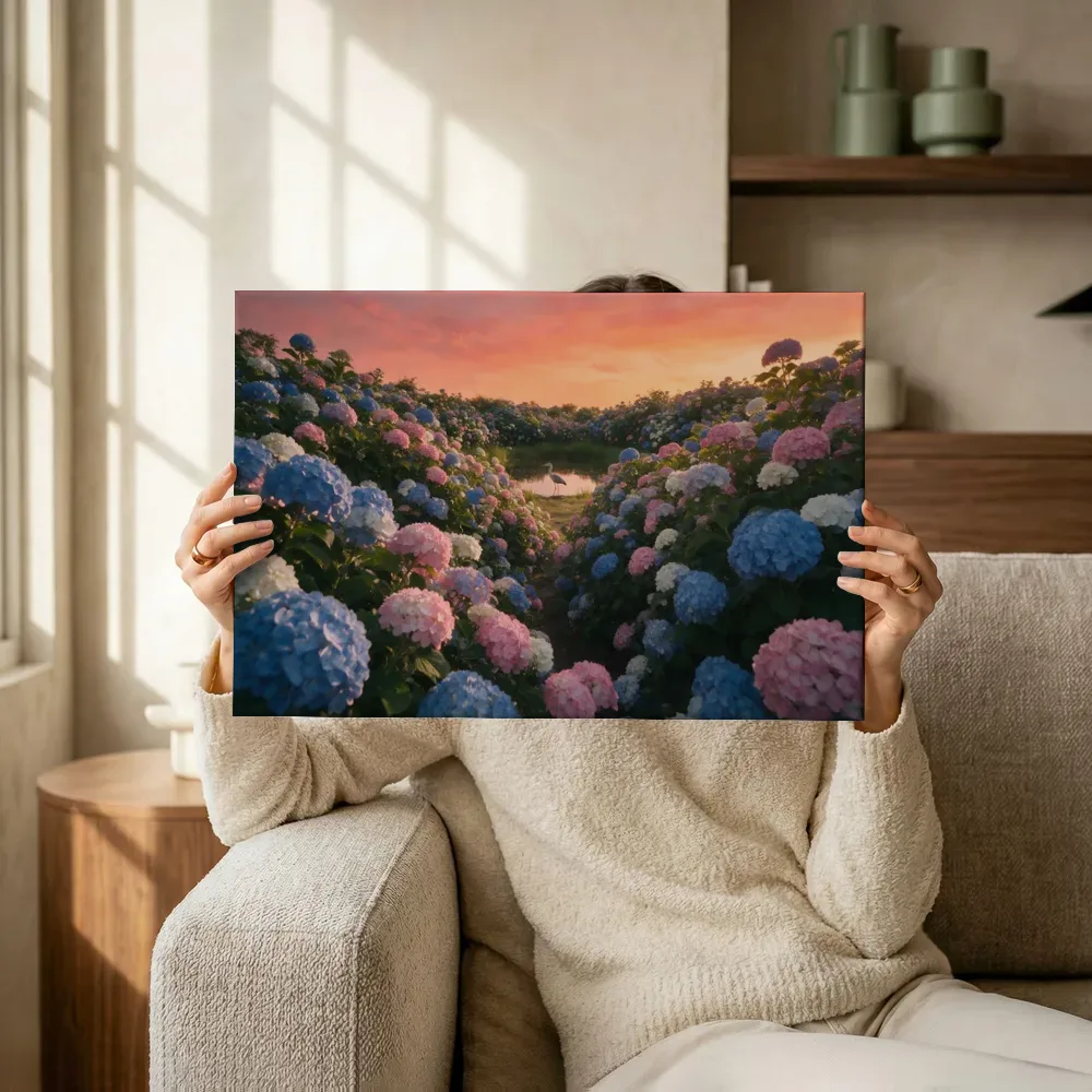 Sfeerimpressie: Hortensia bij de zonsondergang terwijl het omhoog wordt gehouden