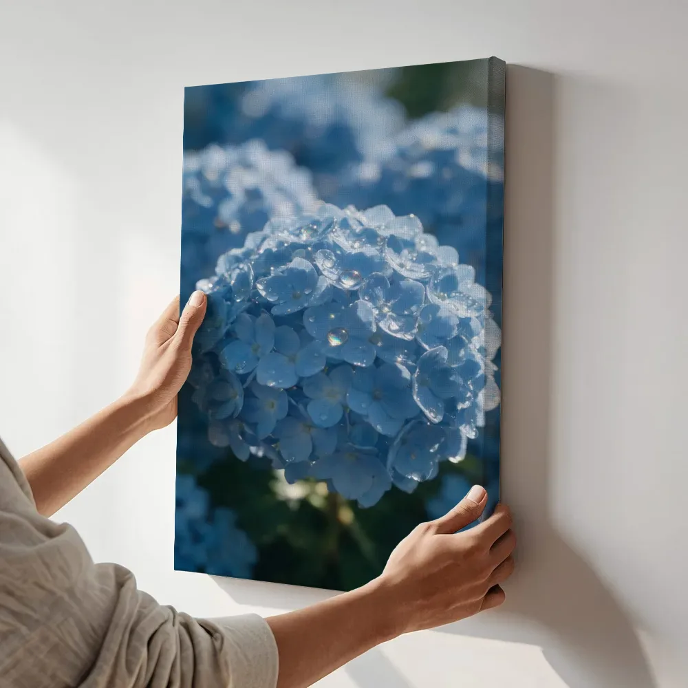 Sfeerimpressie: Hortensia in dauw, regenboogglans, hemelsblauw terwijl het aan de muur wordt gehangen