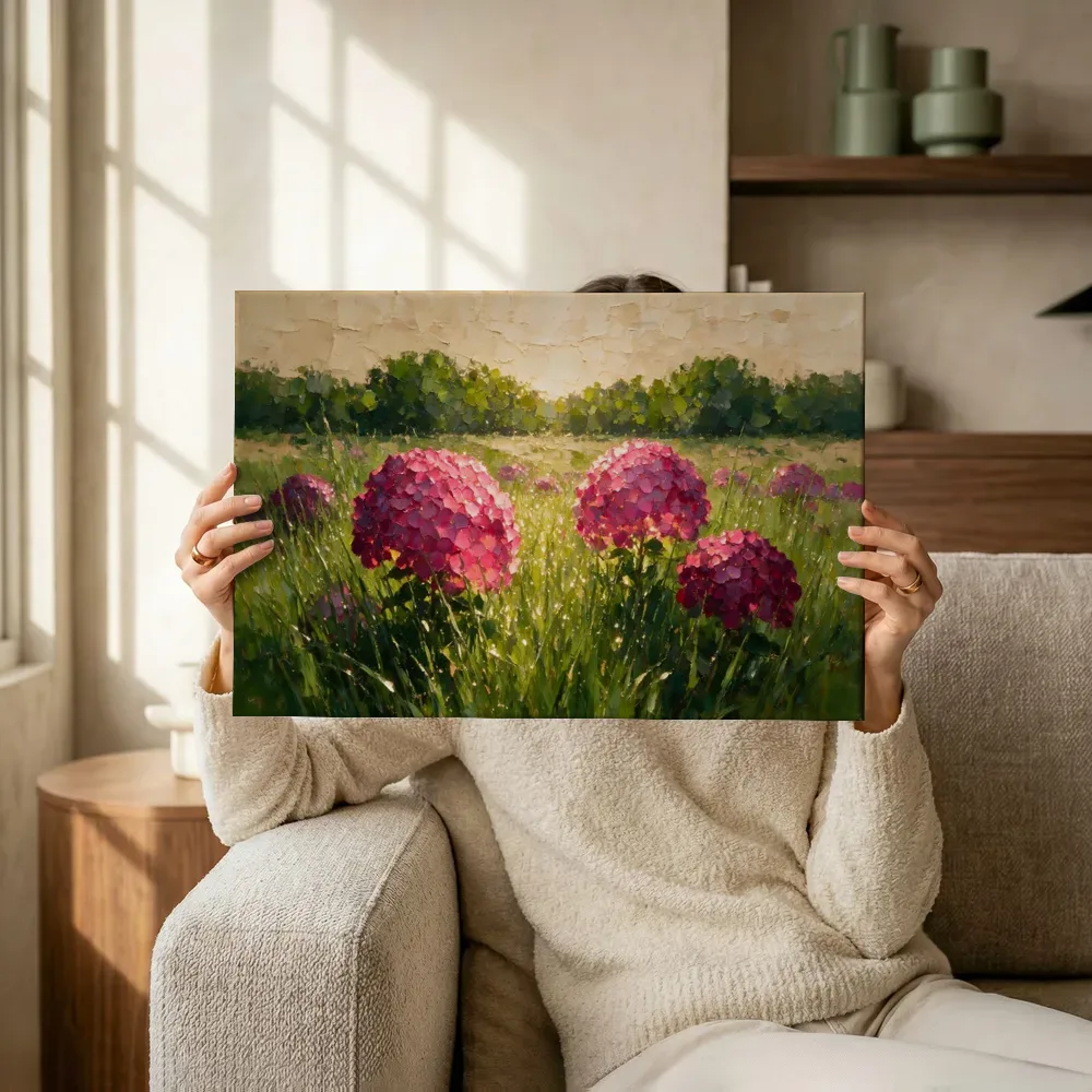Sfeerimpressie: Hortensia in de weide in fuchsia terwijl het omhoog wordt gehouden