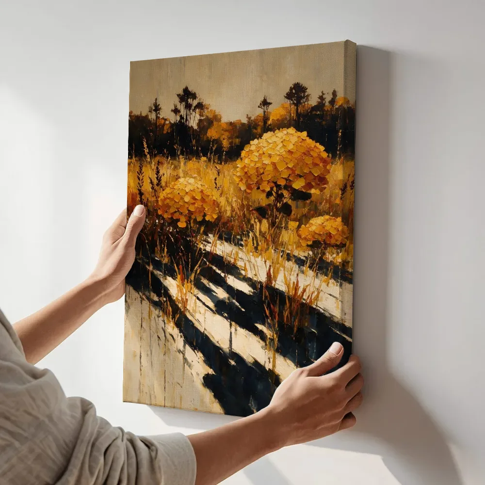 Sfeerimpressie: Hortensia in de weide in saffraan terwijl het aan de muur wordt gehangen