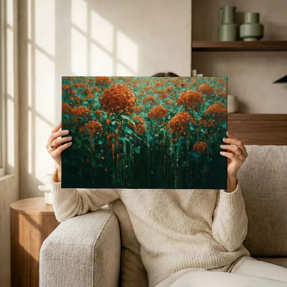 Sfeerimpressie: Hortensia in het landschap in roestturkoois terwijl het omhoog wordt gehouden
