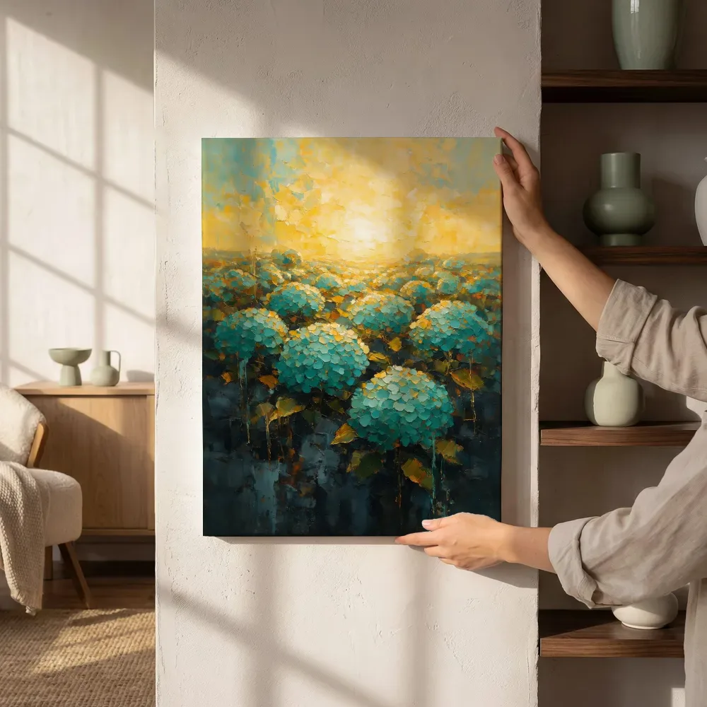 Sfeerimpressie: Hortensia in het landschap in turkoois naast de kast