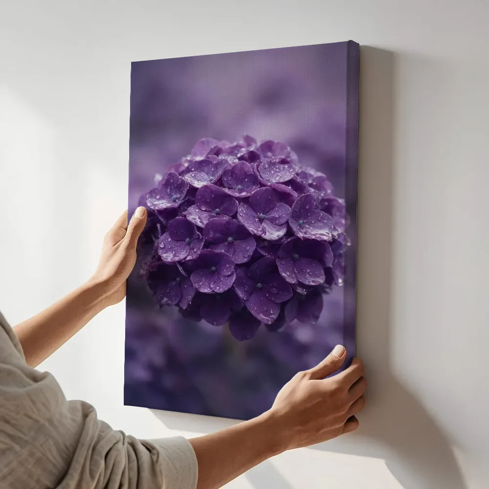 Sfeerimpressie: Hortensia in na de regen, dieppaars 3 terwijl het aan de muur wordt gehangen
