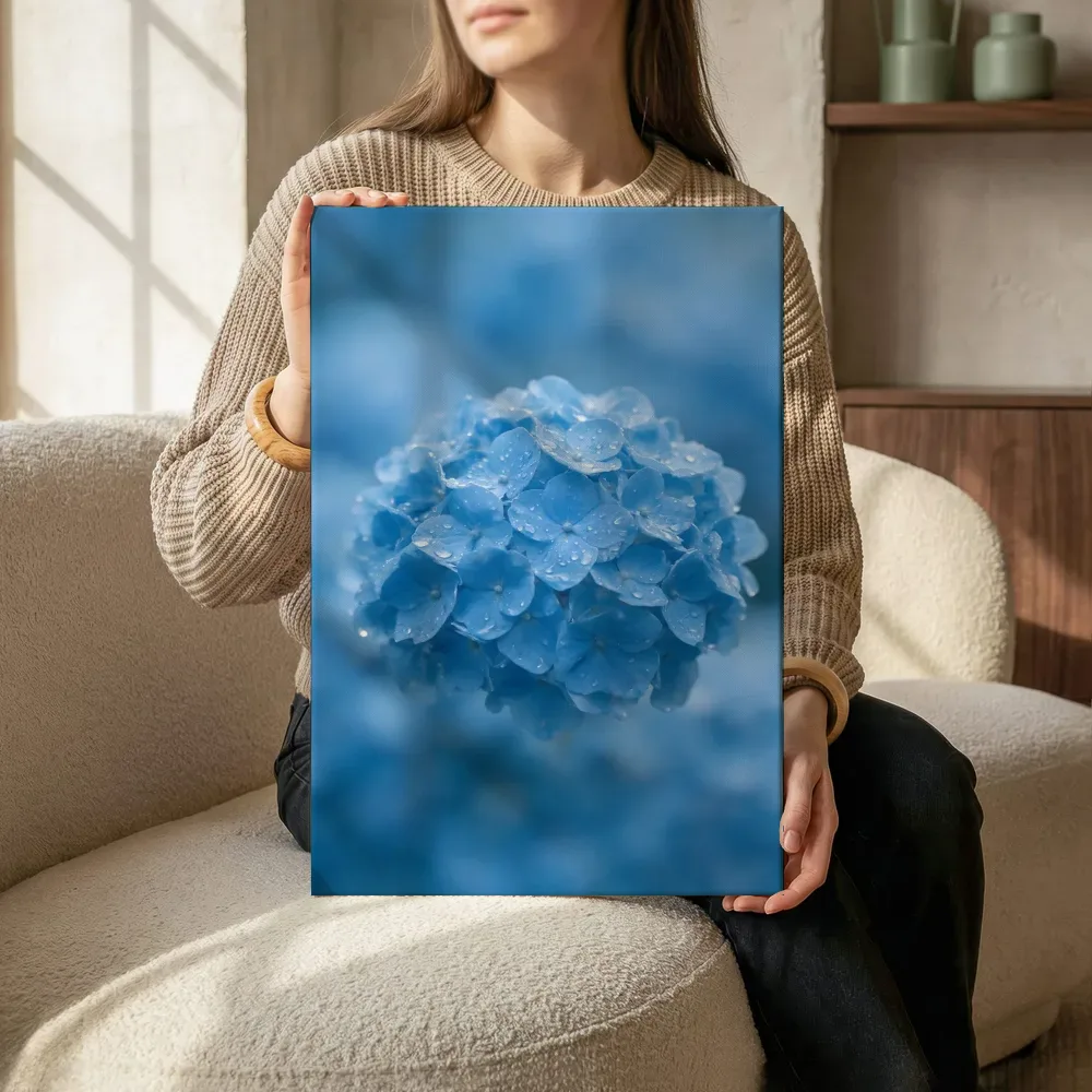 Sfeerimpressie: Hortensia in na de regen, hemelsblauw terwijl het zittend wordt getoond