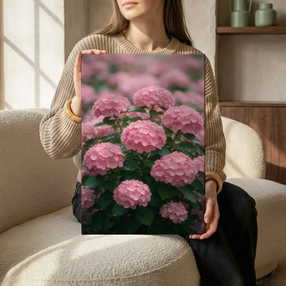 Sfeerimpressie: Hortensia in na de regen, zachtroze terwijl het zittend wordt getoond