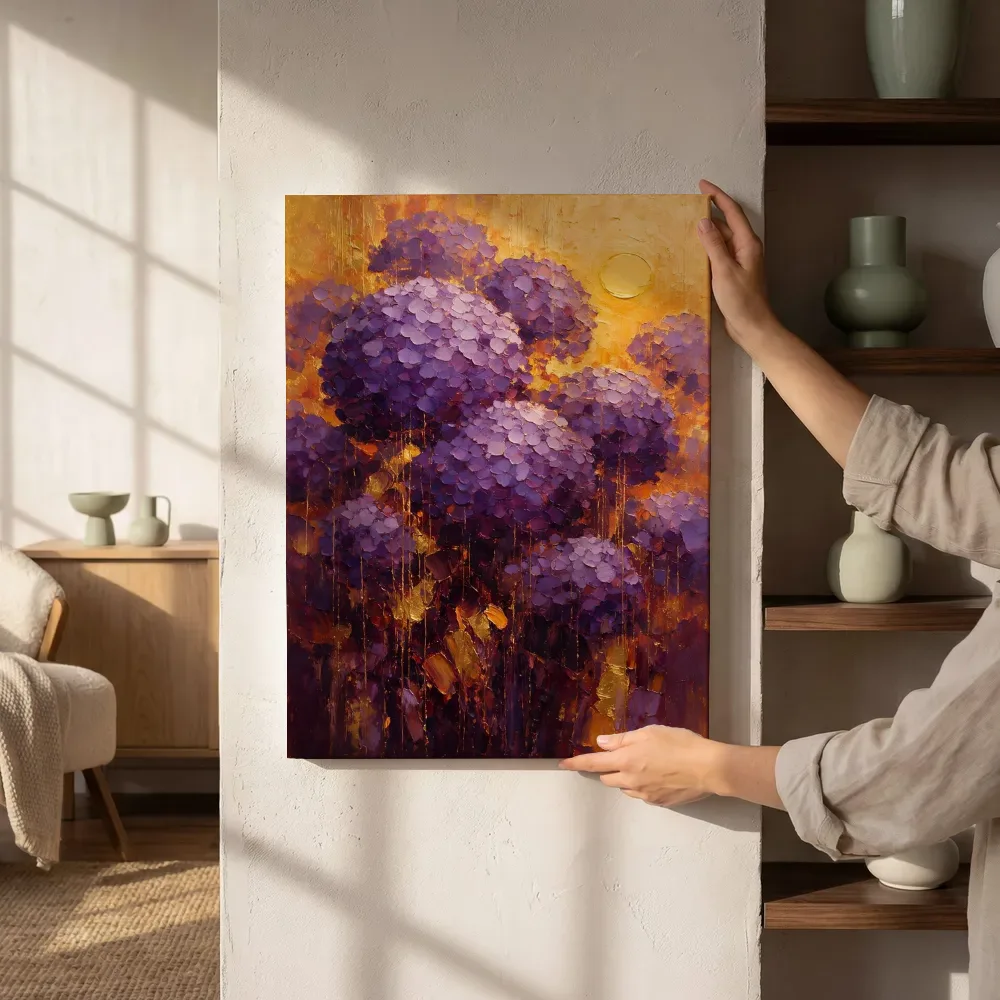 Sfeerimpressie: Hortensia in paarsoranje naast de kast
