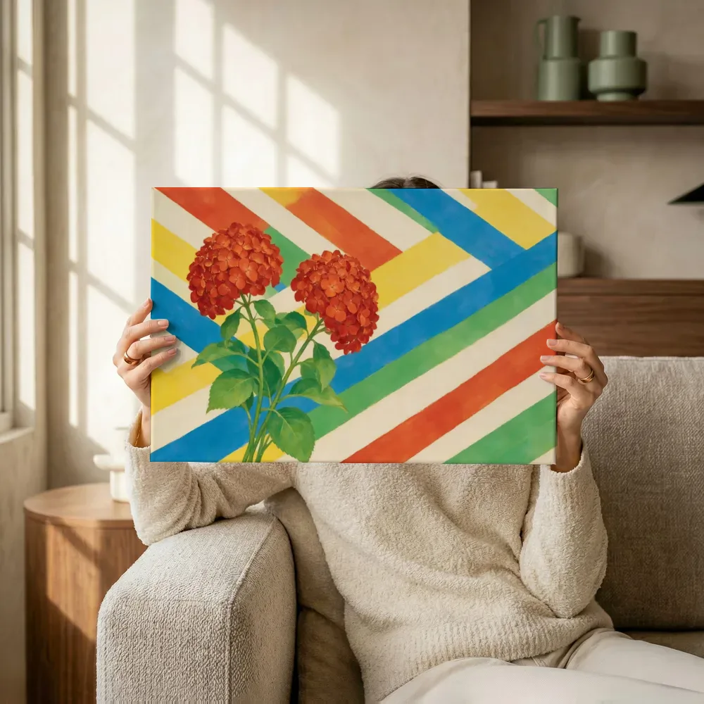 Sfeerimpressie: Hortensia in vier heldere kleuren naast elkaar terwijl het omhoog wordt gehouden