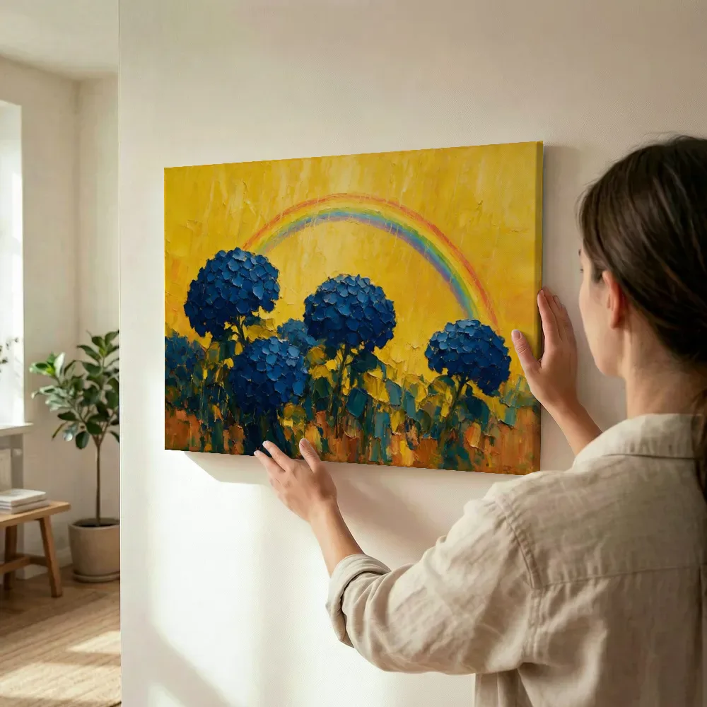 Sfeerimpressie: Hortensia onder de hemel in blauwgeel terwijl het wordt opgehangen