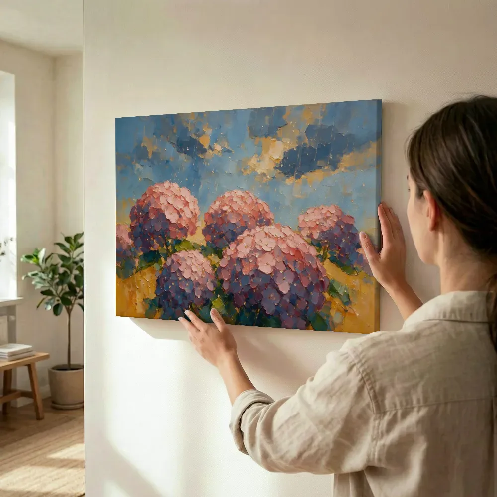 Sfeerimpressie: Hortensia onder de hemel in koraal terwijl het wordt opgehangen