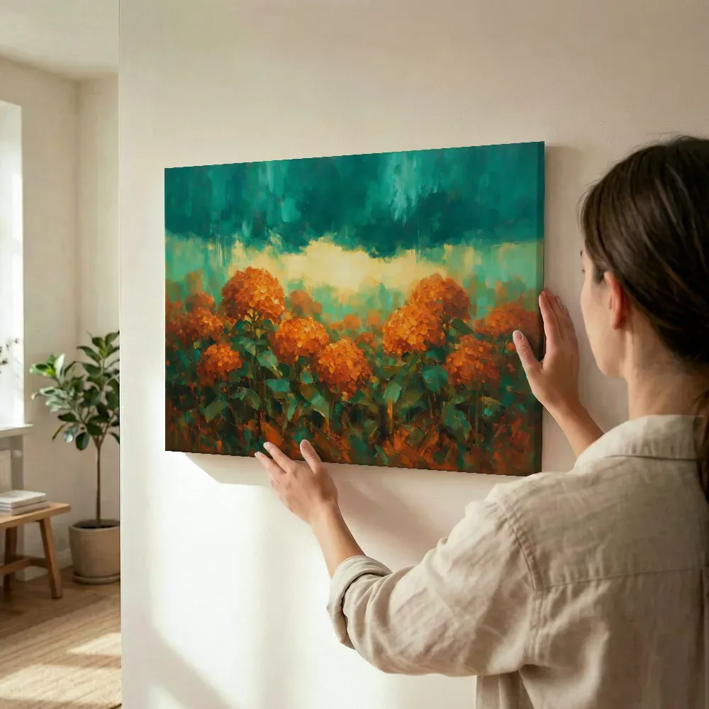 Sfeerimpressie: Hortensia onder een storm in roestturkoois terwijl het wordt opgehangen