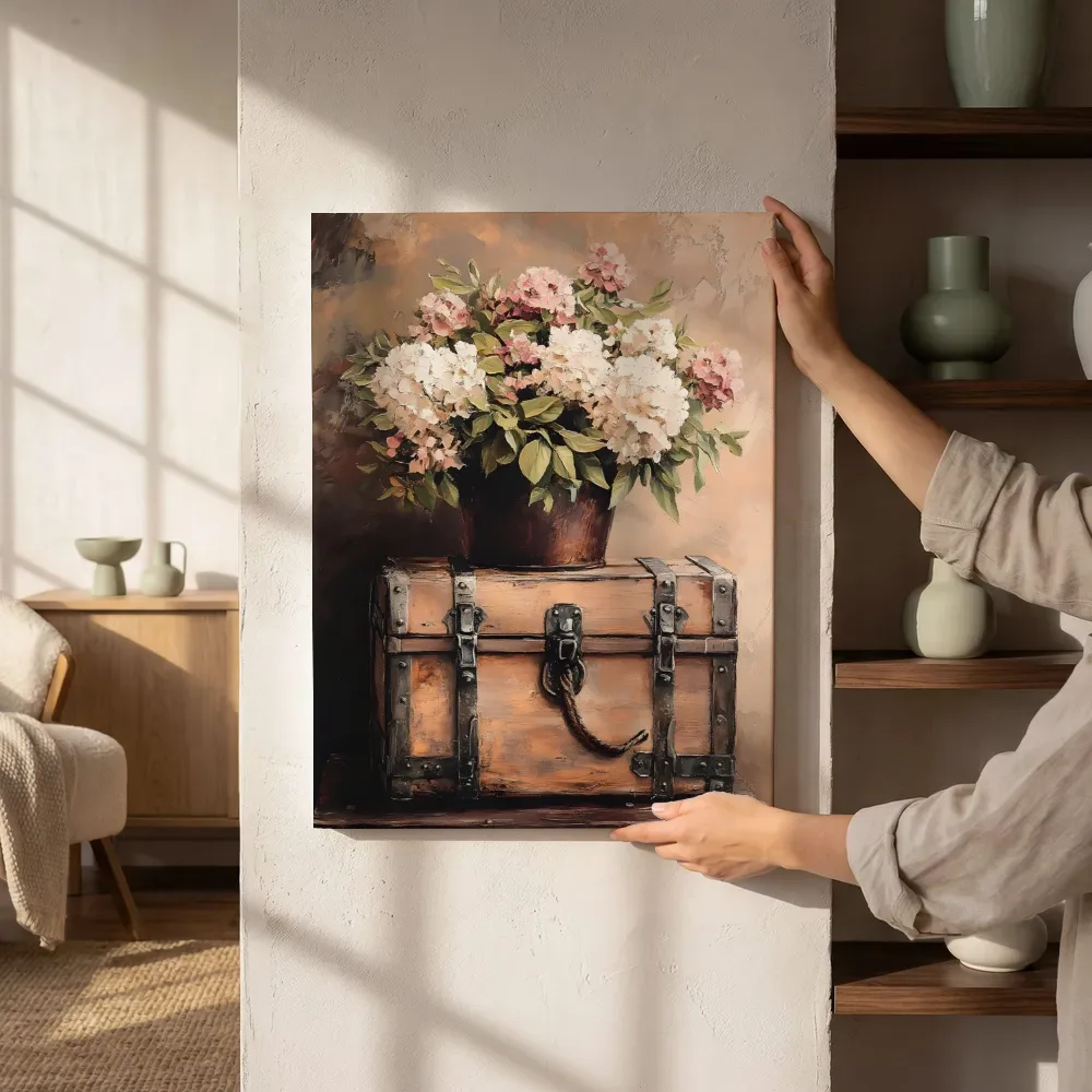 Sfeerimpressie: Hortensia stilleven op koffer naast de kast